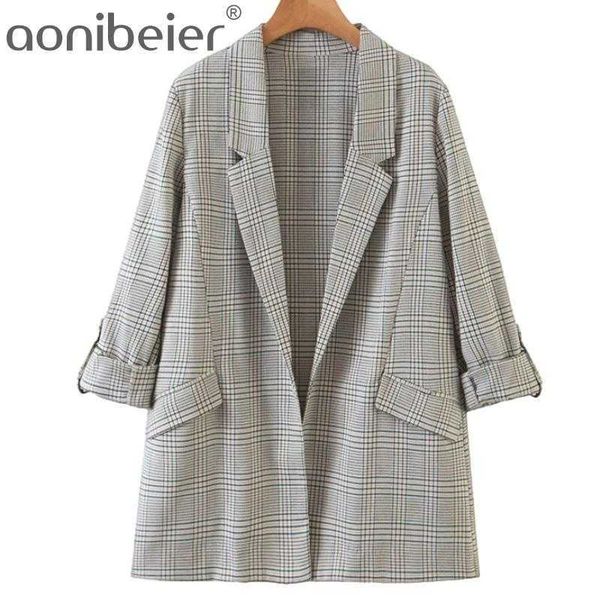 women casual plaid print loose autumn cotton long blazer outwear office lady elegant roll cuff no button blazers 210604, White;black
women casual plaid print loose autumn cotton long blazer outwear office lady elegant roll cuff no button blazers 210604, White;black