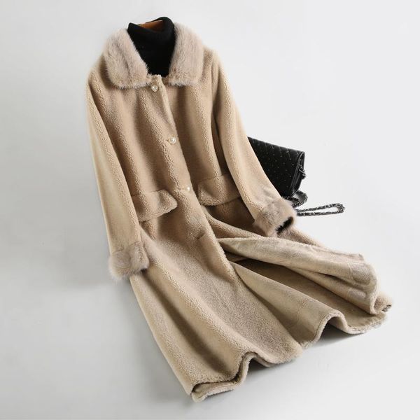 women's fur & faux sheep shearing coat female mink collar long wool one grain fleece winter, Black
women's fur & faux sheep shearing coat female mink collar long wool one grain fleece winter, Black