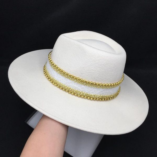 stingy brim hats europe and the united states about white wool hat gold decoration windy banama felt panama for men women, Blue;gray