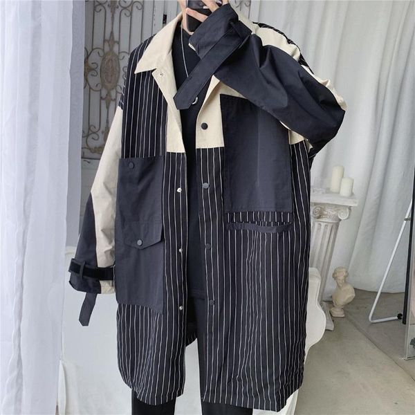 men's trench coats long coat 2021 korean version fashionable loose patchwork striped men fall., Tan;black
men's trench coats long coat 2021 korean version fashionable loose patchwork striped men fall., Tan;black