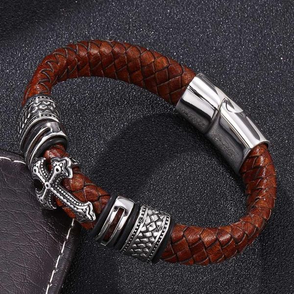 bangle quality vintage men jewelry brown braided leather cross bracelet stainless steel magnetic clasp mens handmade bangles, Black 
bangle quality vintage men jewelry brown braided leather cross bracelet stainless steel magnetic clasp mens handmade bangles, Black