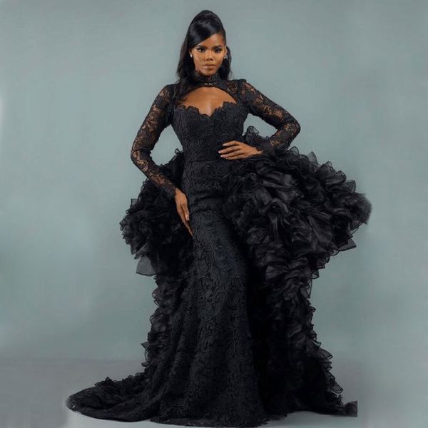 black mermaid lace evening dresses with ruffled detachable train long sleeves prom gowns african high neck formal dress, Black;red
black mermaid lace evening dresses with ruffled detachable train long sleeves prom gowns african high neck formal dress, Black;red