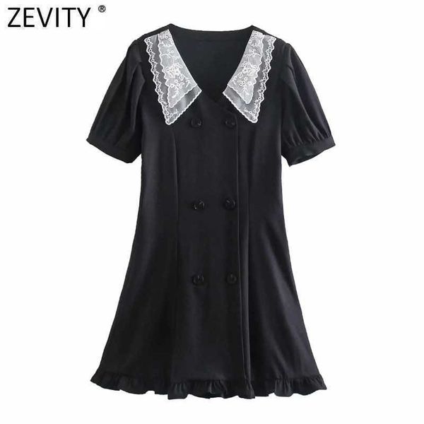 zevity women sweet lace collar patchwork double breasted black mini dress female chic puff sleeve ruffles summer vestido ds8161 210603, Black;gray 
zevity women sweet lace collar patchwork double breasted black mini dress female chic puff sleeve ruffles summer vestido ds8161 210603, Black;gray