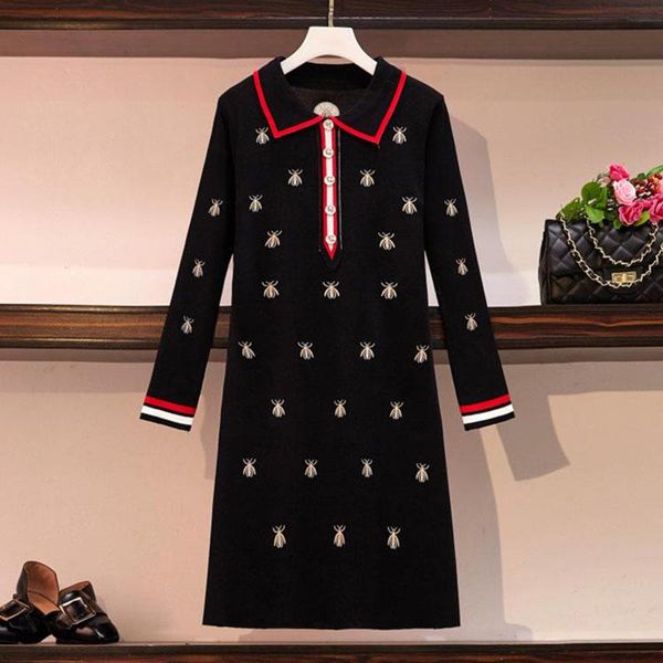 casual dresses autumn large size long sleeve women's dress winter bee embroidery knitting plus turn-down collar, Black;gray
casual dresses autumn large size long sleeve women's dress winter bee embroidery knitting plus turn-down collar, Black;gray
