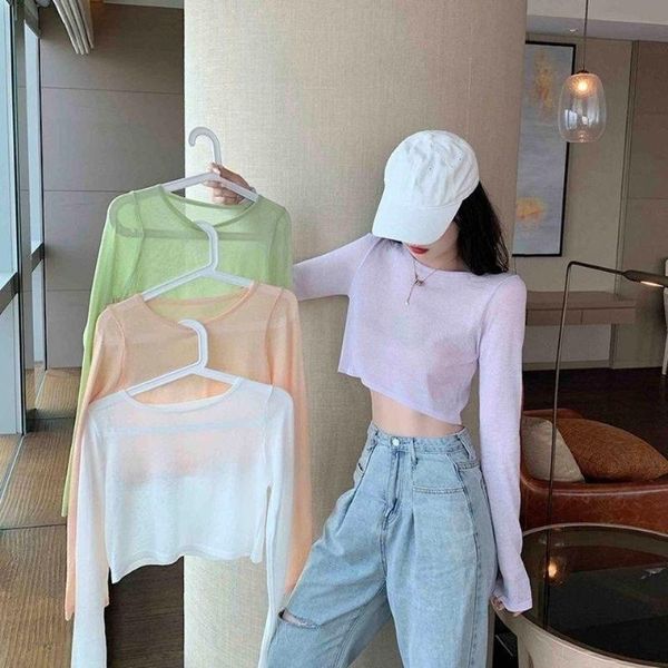 women's t-shirt candy color high waist short open navel elegant summer sunscreen clothing long sleeve thin shirt with wide leg, White
women's t-shirt candy color high waist short open navel elegant summer sunscreen clothing long sleeve thin shirt with wide leg, White