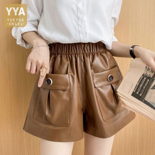 women's shorts women casual elastic waist wide leg streetwear pockets sheepskin genuine leather trousers, White;black
women's shorts women casual elastic waist wide leg streetwear pockets sheepskin genuine leather trousers, White;black