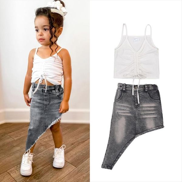 1 6y fashion kids girls summer clothes sets sleeveless drawstring pleated sling denim skirts 2pcs, White
1 6y fashion kids girls summer clothes sets sleeveless drawstring pleated sling denim skirts 2pcs, White
