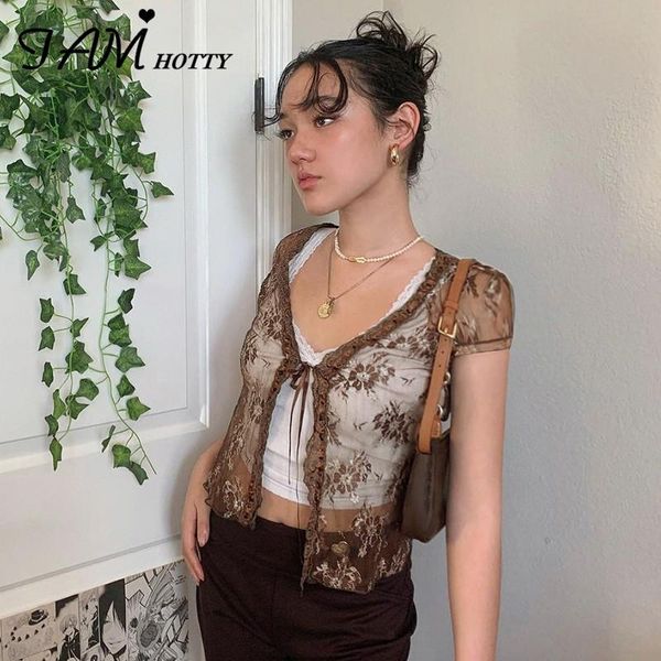 women's t-shirt y2k fashion brown mesh see through open lace t-shirts women ribbons tie-up aesthetic short sleeve outwear crop tee iamt, White
women's t-shirt y2k fashion brown mesh see through open lace t-shirts women ribbons tie-up aesthetic short sleeve outwear crop tee iamt, White