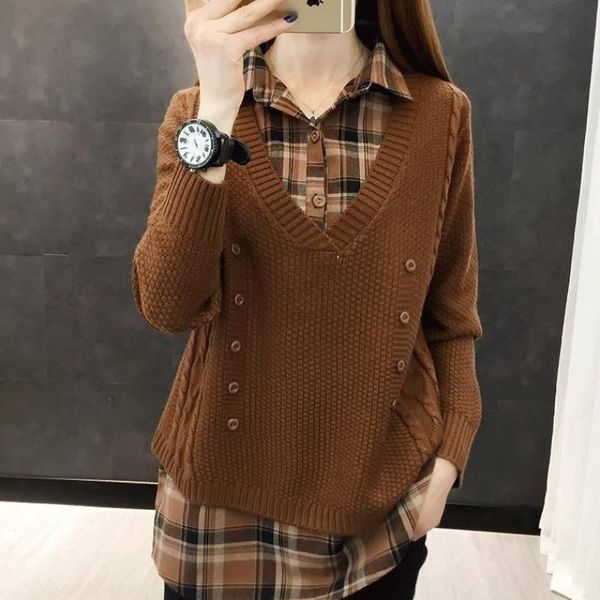 women's sweaters 2021 autumn and winter knitted bottoming shirt false two-piece suit loose sweater collar pullover, White;black
women's sweaters 2021 autumn and winter knitted bottoming shirt false two-piece suit loose sweater collar pullover, White;black