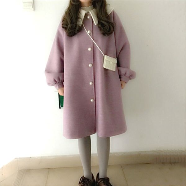 2021 purple trend warm winter wool loose long button coat jacket japanese style overcoat women new ctga atn3, Black