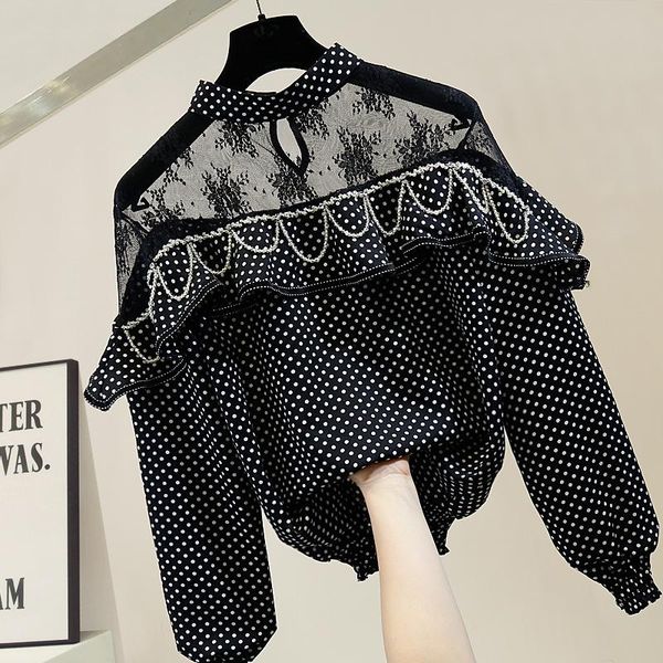 women's blouses & shirts trendy beading shirt ruffles fashion ladies lace office hollow out polka dot stand black blouse women, White
women's blouses & shirts trendy beading shirt ruffles fashion ladies lace office hollow out polka dot stand black blouse women, White