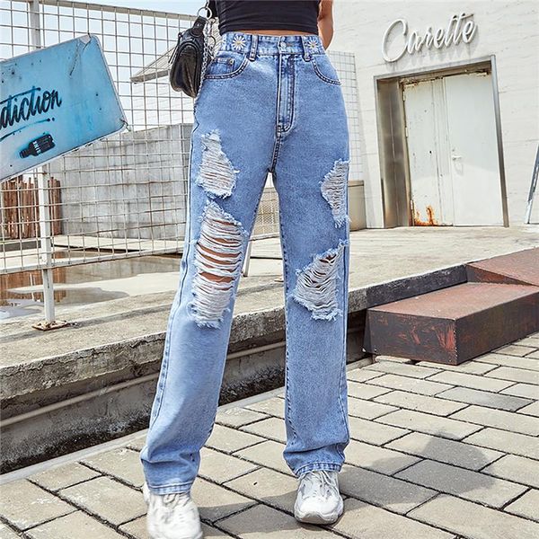 women's jeans loose women wild straight high waist wide leg ripped casual pants fashion washed floral embroidery slim denim trousers, Blue
women's jeans loose women wild straight high waist wide leg ripped casual pants fashion washed floral embroidery slim denim trousers, Blue