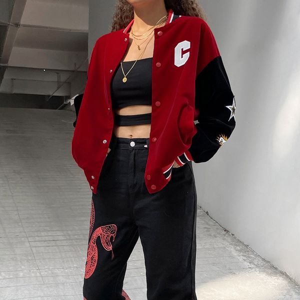vintage red velour patchwork autumn winter baseball jacket embroidery streetwear varsity coat female outwear, Black;brown
vintage red velour patchwork autumn winter baseball jacket embroidery streetwear varsity coat female outwear, Black;brown