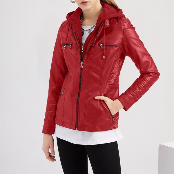 women's jackets slim faux leather solid leisure stand collar zip up motorcycle outerwear drawstring autumn hooded coat, Black;brown