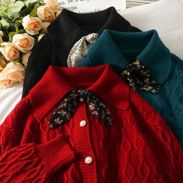 women's knits & tees sweater women autumn floral bow tie lapel single-breasted cardigan winter twist black long-sleeved tide, White
women's knits & tees sweater women autumn floral bow tie lapel single-breasted cardigan winter twist black long-sleeved tide, White