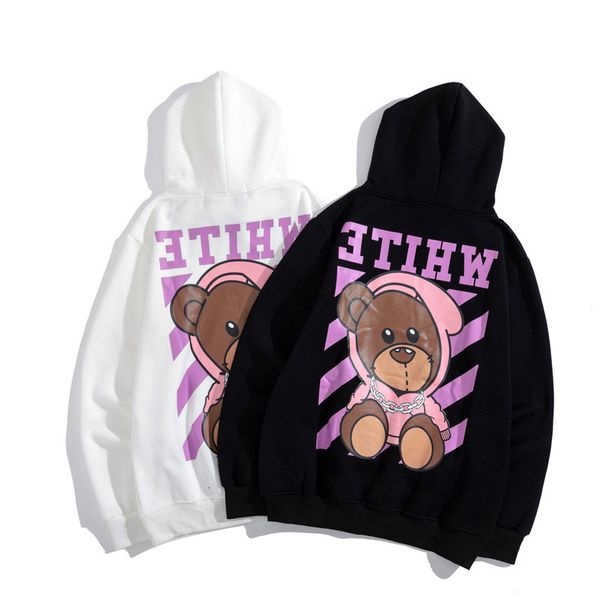 autumn winter ow violent off bear print white street hip hop men's and women's hooded plush sweater, Black