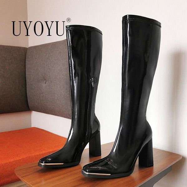 boots uyoyu brand women motorcyle fashion square toe knee high autumn winter warm patent leather heels shoes, Black
boots uyoyu brand women motorcyle fashion square toe knee high autumn winter warm patent leather heels shoes, Black