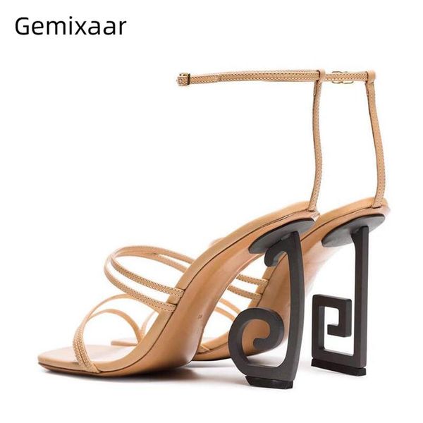 sandals novelty asymmetrical strange heel women's real leather narrow band ankle strap summer party shoes for girls, Black 
sandals novelty asymmetrical strange heel women's real leather narrow band ankle strap summer party shoes for girls, Black