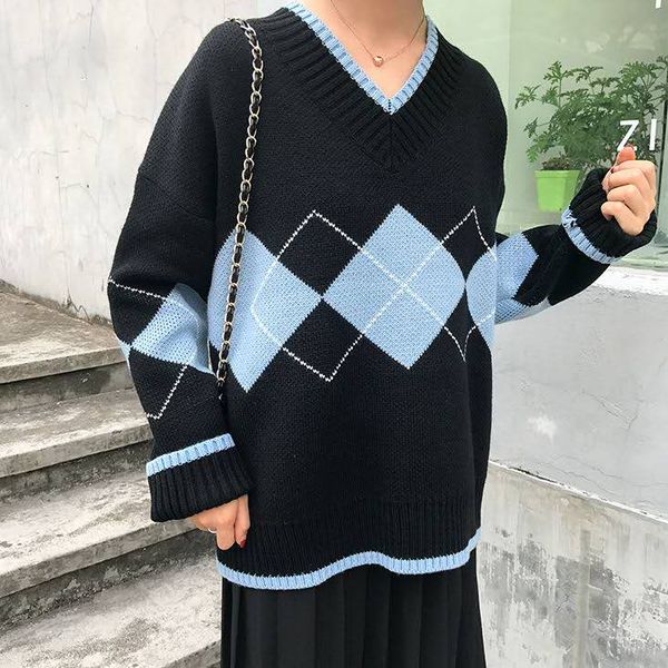 new korean preppy style womens sweater sweet clothes v-neck mathing color argyle pattern loose oversize pullovers knit sweaters, White;black
new korean preppy style womens sweater sweet clothes v-neck mathing color argyle pattern loose oversize pullovers knit sweaters, White;black