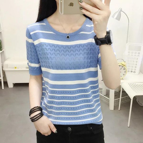 women's t-shirt plus size 4xl short sleeve stripe knitted for women casual o-neck slim female summer hollow out knitwear tee, White
women's t-shirt plus size 4xl short sleeve stripe knitted for women casual o-neck slim female summer hollow out knitwear tee, White