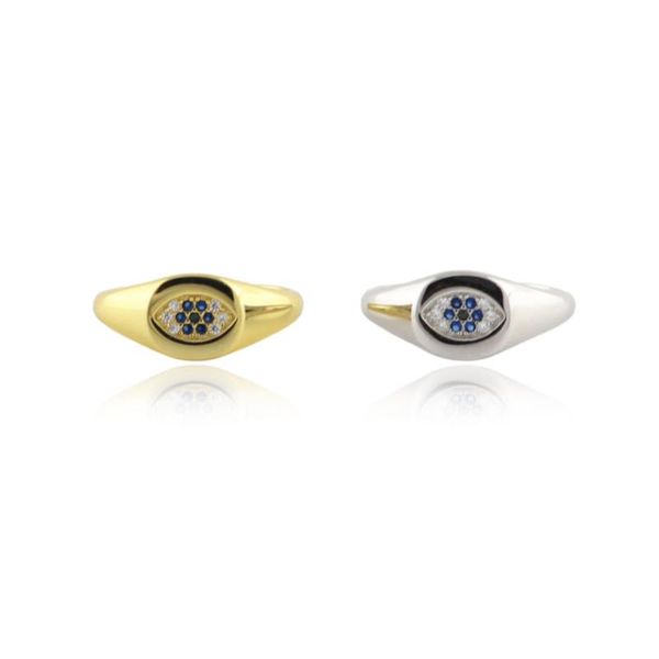 cluster rings 1pc women's 100% authentic 925 sterling silver fine jewelry blue &white zircon cz evil eye ring cj2, Golden;silver