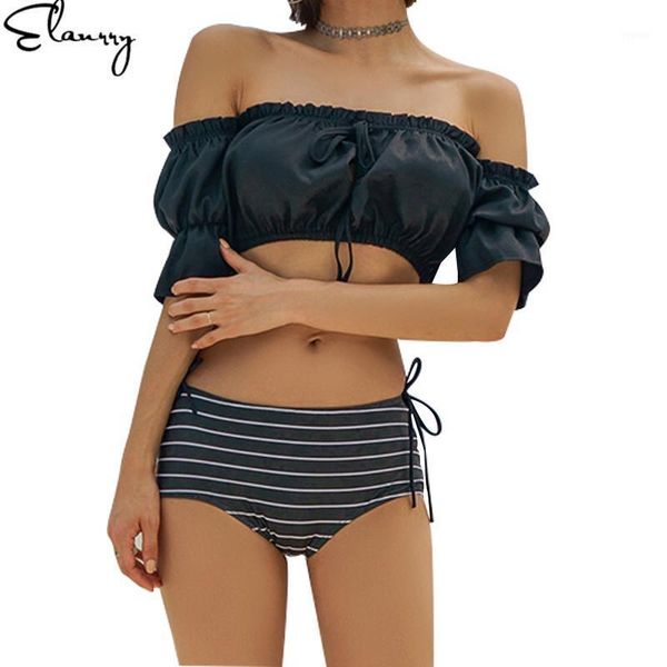 women's swimwear 2021 mujer bikini set high waisted women off shoulder striped swimsuit push up short sleeves bathing suits maillot de, White;black
women's swimwear 2021 mujer bikini set high waisted women off shoulder striped swimsuit push up short sleeves bathing suits maillot de, White;black