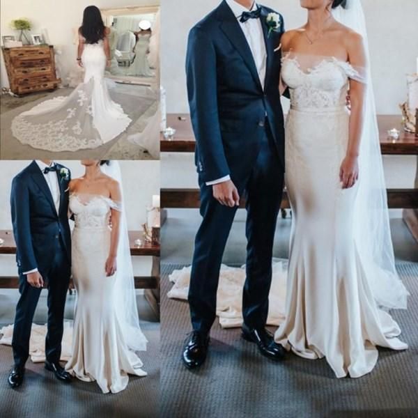 elegant mermaid wedding dresses 2021 off the shoulder lace applique chiffon sweep train custom made beach wedding gown robe de mariée, White 
elegant mermaid wedding dresses 2021 off the shoulder lace applique chiffon sweep train custom made beach wedding gown robe de mariée, White