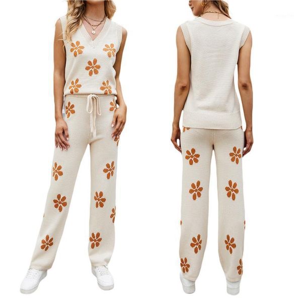 women's two piece pants women two-piece knitted clothes set, beige floral pattern v-neck vest and straight-leg trousers, White
women's two piece pants women two-piece knitted clothes set, beige floral pattern v-neck vest and straight-leg trousers, White