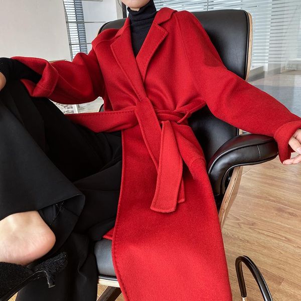 women's wool & blends red double faced cashmere coat 2021 spring korean medium long loose woolen, Black
women's wool & blends red double faced cashmere coat 2021 spring korean medium long loose woolen, Black