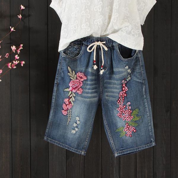 women's jeans summer arts style women flower embroidered elastic waist loose denim shors plus size vintage ripped femme, Blue
women's jeans summer arts style women flower embroidered elastic waist loose denim shors plus size vintage ripped femme, Blue