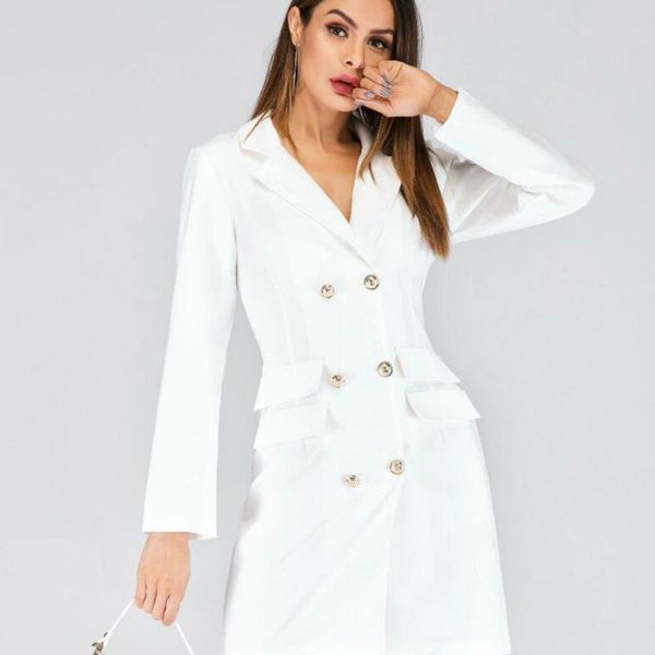 casual dresses autumn white ladies blazer dress women blazers suit elegant long sleeve female button girl jacket high quality, Black;gray