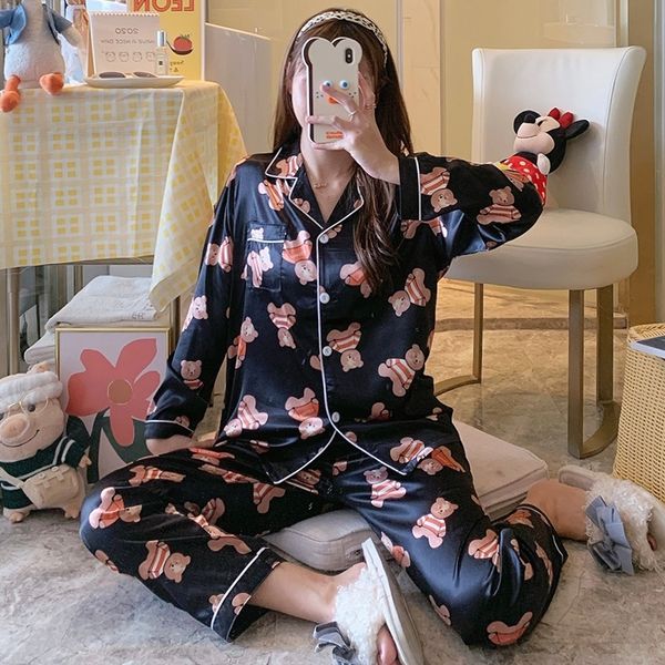 satin silk pajamas for women's set pyjama autumn spring long sleeve women nightwear set cardigan plus size sleepwear pijama 2pcs 210305, Black;red 
satin silk pajamas for women's set pyjama autumn spring long sleeve women nightwear set cardigan plus size sleepwear pijama 2pcs 210305, Black;red