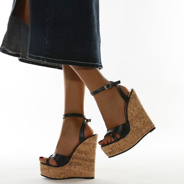 early spring 2021 new european and american roman style simple slope heel high heel womens sandals large size 3642, Black 
early spring 2021 new european and american roman style simple slope heel high heel womens sandals large size 3642, Black