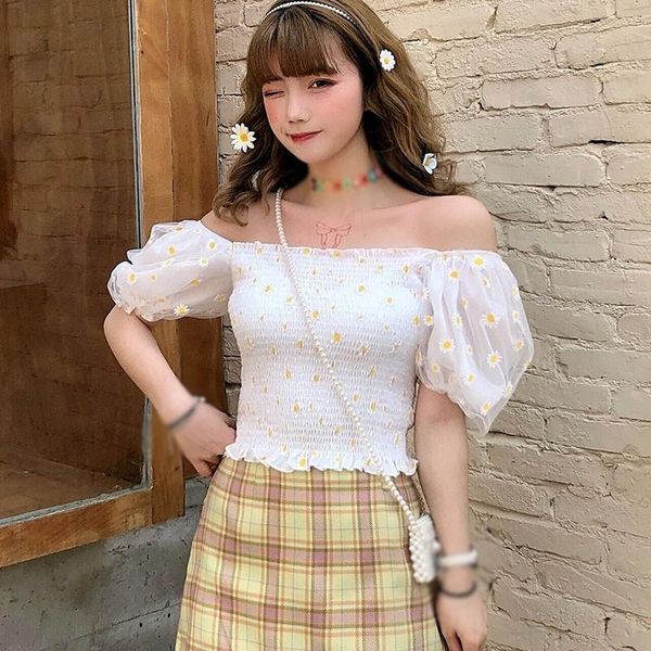 women's blouses & shirts summer floral women shirt mesh splicing off shoulder crop short puff sleeve ruched blouse for female, White
women's blouses & shirts summer floral women shirt mesh splicing off shoulder crop short puff sleeve ruched blouse for female, White