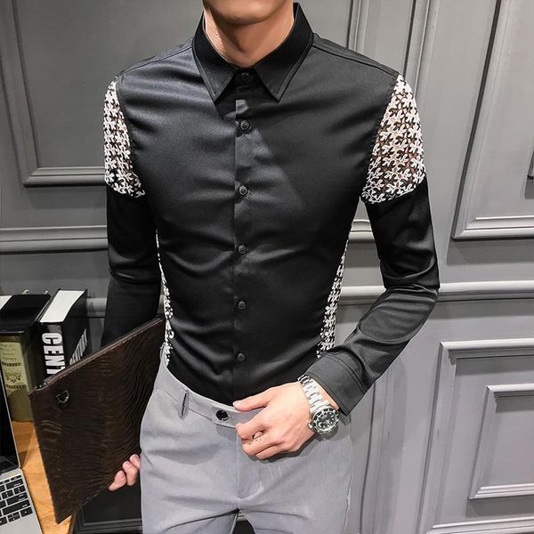 british style spring new fashion lace spliced long sleeve shirts tuxedo men clothing 2021 simple slim fit casual blouse homme, White;black
british style spring new fashion lace spliced long sleeve shirts tuxedo men clothing 2021 simple slim fit casual blouse homme, White;black