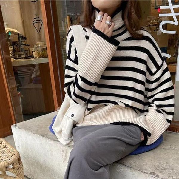 women's sweaters college style striped bat-sleeve turtleneck sweater for female students autumn and winter loose black white, White;black
women's sweaters college style striped bat-sleeve turtleneck sweater for female students autumn and winter loose black white, White;black