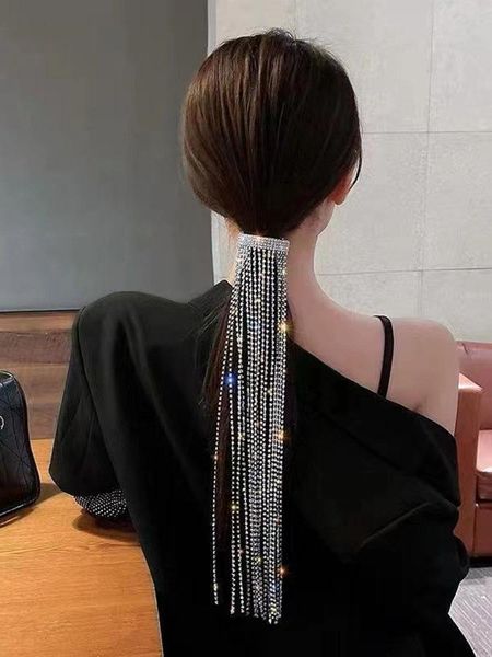 hair clips & barrettes women long tassel clip fashion shiny rhinestone hairpins wedding banquet jewelry accessories, Golden;silver