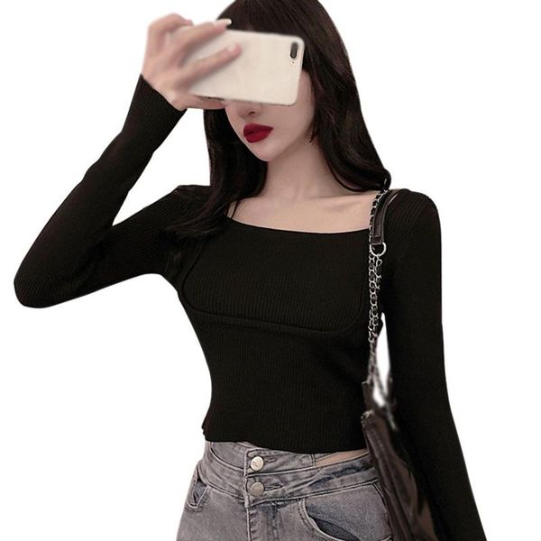 women's t-shirt square collar tshirt solid casual navel exposed long-sleeved knit tee spring female korean ladies shirt, White
women's t-shirt square collar tshirt solid casual navel exposed long-sleeved knit tee spring female korean ladies shirt, White