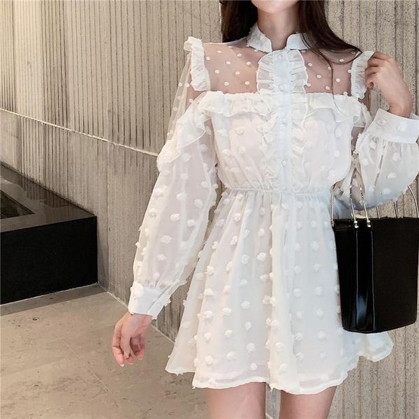 women's jumpsuits & rompers woherb 2021 korean women clothes embroidery polka dot mesh ruffles white bodysuit fashion long sleeve sexy, Black;white 
women's jumpsuits & rompers woherb 2021 korean women clothes embroidery polka dot mesh ruffles white bodysuit fashion long sleeve sexy, Black;white