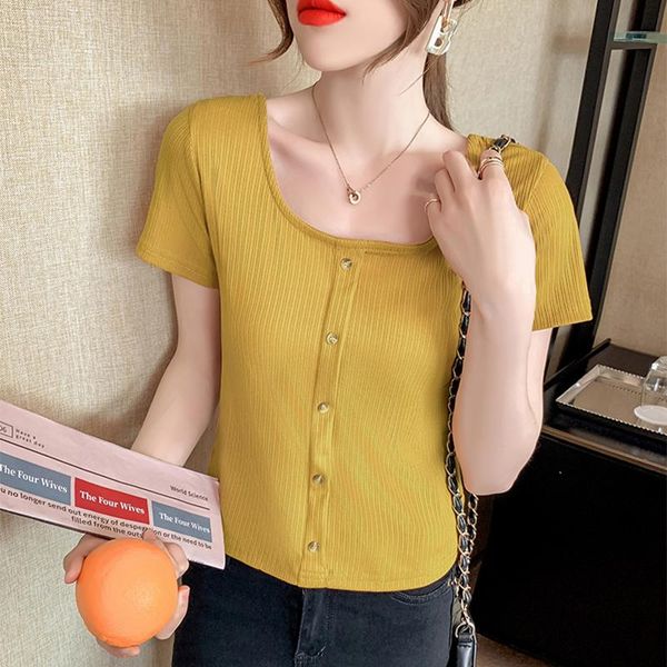 women's t-shirt summer korean t shirt women simple casual solid u neck button short sleeve slim temperament thin all match tee shirts, White
women's t-shirt summer korean t shirt women simple casual solid u neck button short sleeve slim temperament thin all match tee shirts, White