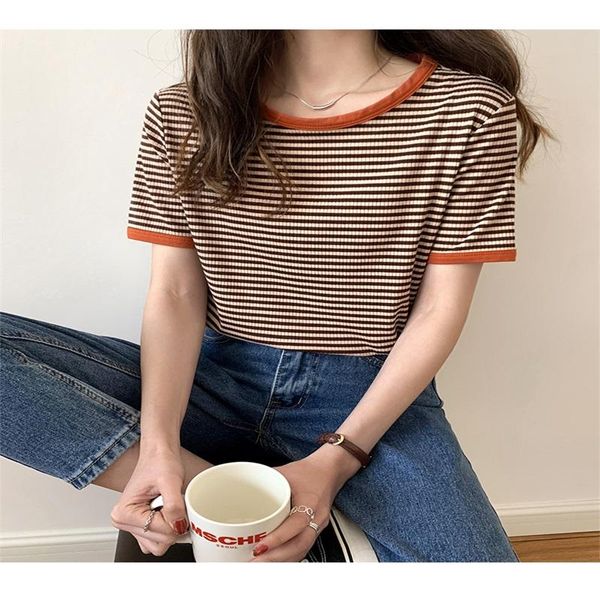women's t-shirt vintage striped short sleeve t shirts women kawaii summer 2021 korean fashion y2k chic basic stretch casual all match, White
women's t-shirt vintage striped short sleeve t shirts women kawaii summer 2021 korean fashion y2k chic basic stretch casual all match, White