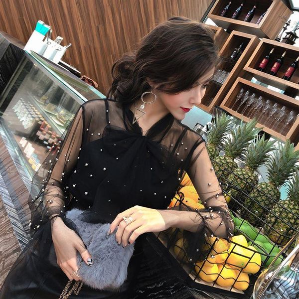 women's blouses & shirts women beading mesh voile blouse shirt female full sleeves beads ladies shawl collar bowknot cami 2pcs set, White
women's blouses & shirts women beading mesh voile blouse shirt female full sleeves beads ladies shawl collar bowknot cami 2pcs set, White