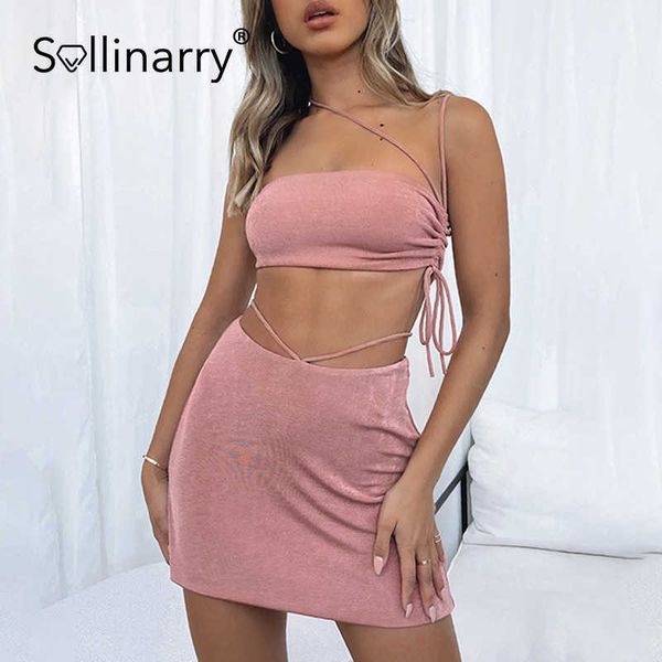 sollinarry lace up spaghetti mini dress set summer women bandage two piece sets solid slim sleeveless drawstring suit pink 210709, White 
sollinarry lace up spaghetti mini dress set summer women bandage two piece sets solid slim sleeveless drawstring suit pink 210709, White