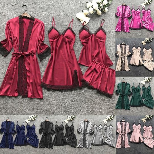 women's sleepwear women pajamas sets satin silk 4 pieces nightwear robe spaghetti strap lace sleep lounge pajama with chest pads, Black;red
women's sleepwear women pajamas sets satin silk 4 pieces nightwear robe spaghetti strap lace sleep lounge pajama with chest pads, Black;red