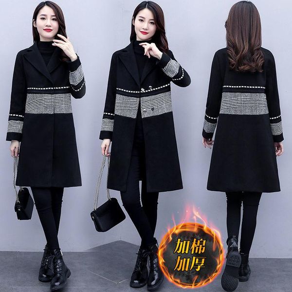 women's wool & blends autumn and winter thick plaid stitching woolen coat mid-length loose fashion black