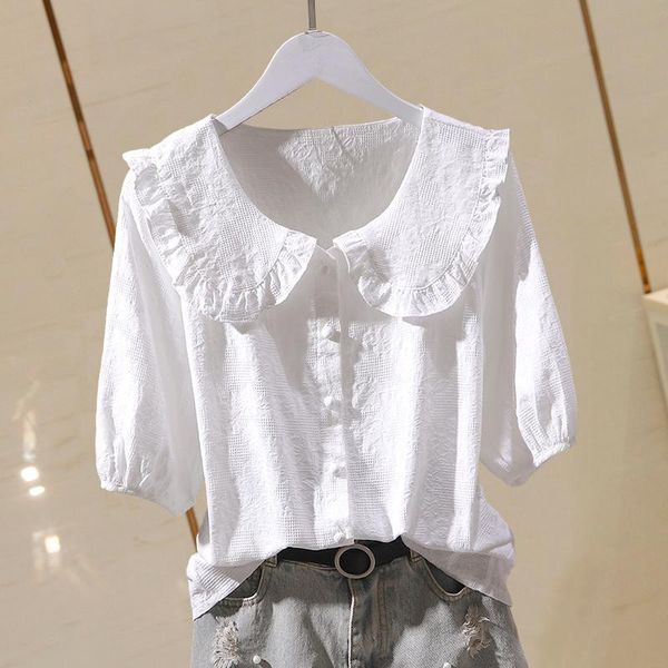 women's blouses & shirts cotton 100% solid women summer 2021 turn-down collar sweet style half sleeved elegant office lady outwear, White
women's blouses & shirts cotton 100% solid women summer 2021 turn-down collar sweet style half sleeved elegant office lady outwear, White