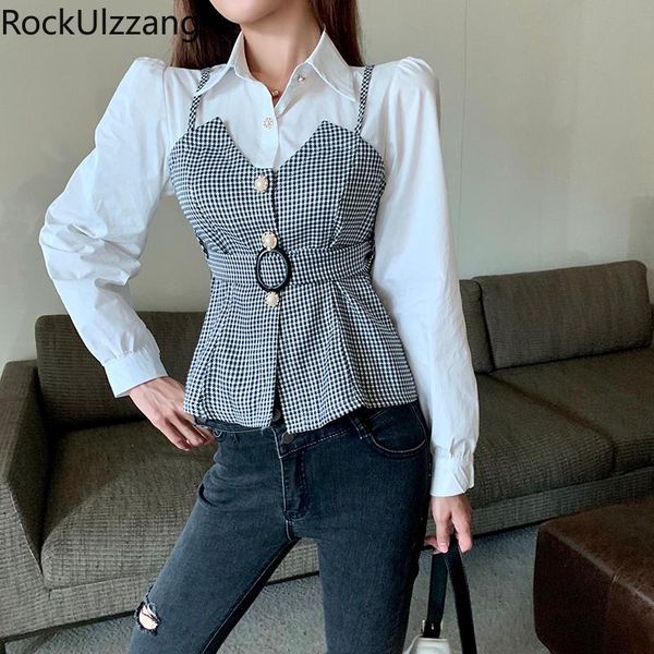 women's blouses & shirts patchwork fake two piece houndstooth plaid pearls button belt sashes slim shirt ladies office long sleeve blou, White
women's blouses & shirts patchwork fake two piece houndstooth plaid pearls button belt sashes slim shirt ladies office long sleeve blou, White