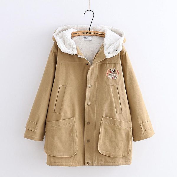 women's jackets cartoon bear embroidery plus velvet thickening hooded multi-pocket cotton coat women jacket, Black;brown
women's jackets cartoon bear embroidery plus velvet thickening hooded multi-pocket cotton coat women jacket, Black;brown