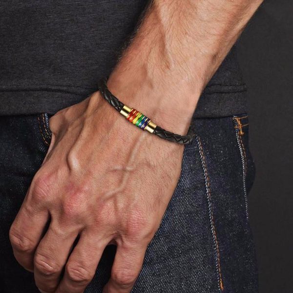 charm bracelets leather bracelet black braided with magnetic rainbow striped closure for men women jewelry friendship, Golden;silver