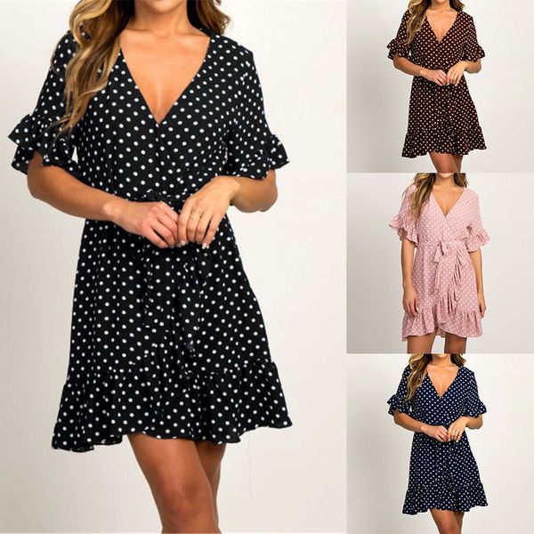 v-neck short sleeve wave point bandage lotus leaf short sleeve chiffon dress, Black